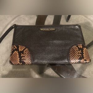 Michael Kors Dark Brown Leather Wristlet Clutch with Brown Snake-Print Accents